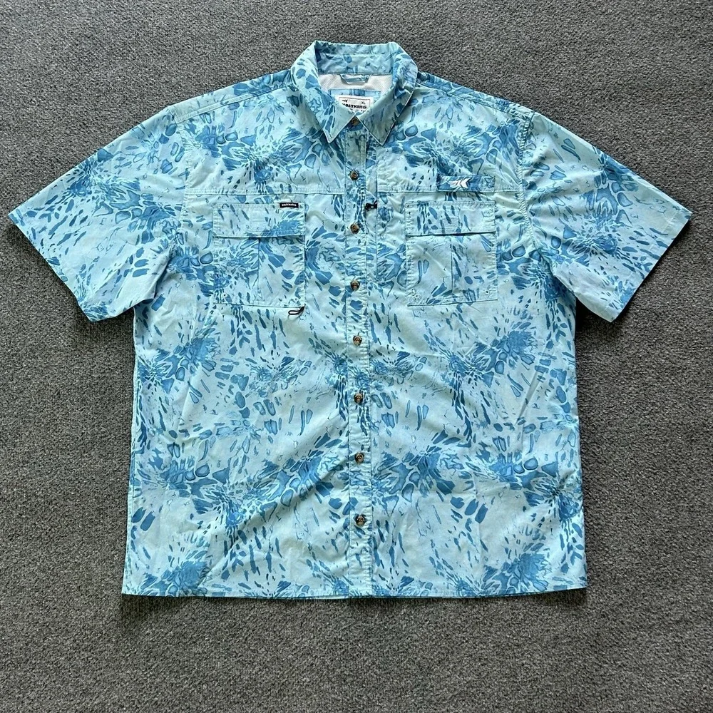 KastKing Shirt Mens XL Blue Fish Print Short Sleeve Fishing Vented Polyester
